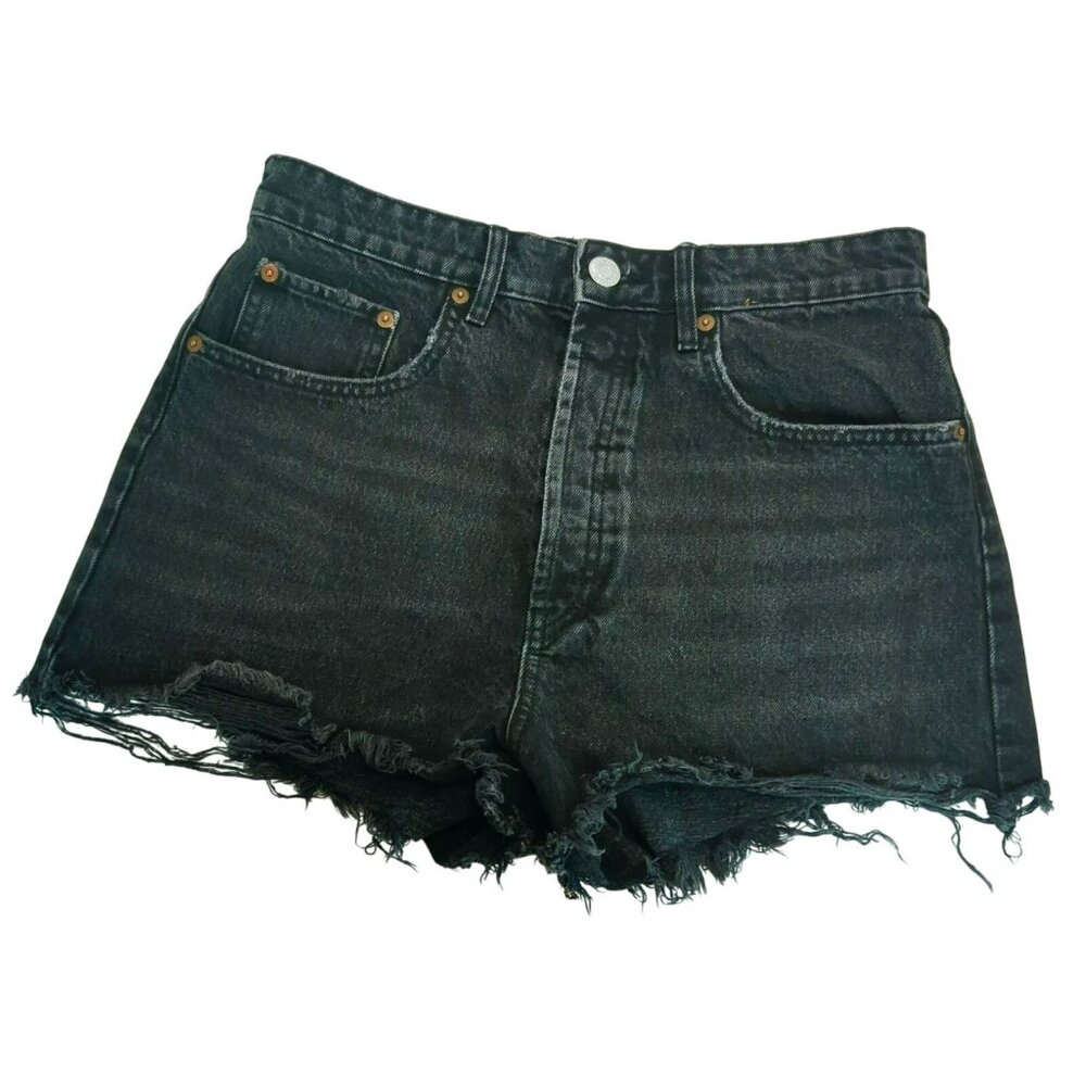 Zara High Rise Jean Shorts Size 8 Cutoff Distressed Button Fly Black